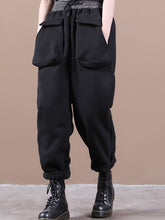 Women Retro Loose Stitching Pocket Plus Velvet Casual Pants